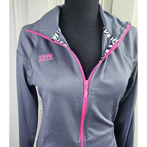 Soffe Size Medium Gray Pink Zip Up Jacket Thumb Holes Collared - Picture 3 of 10